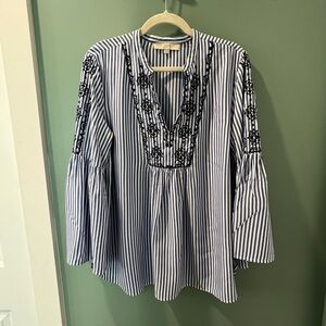 Loft Striped Embroidered Bell Sleeve Blouse Large